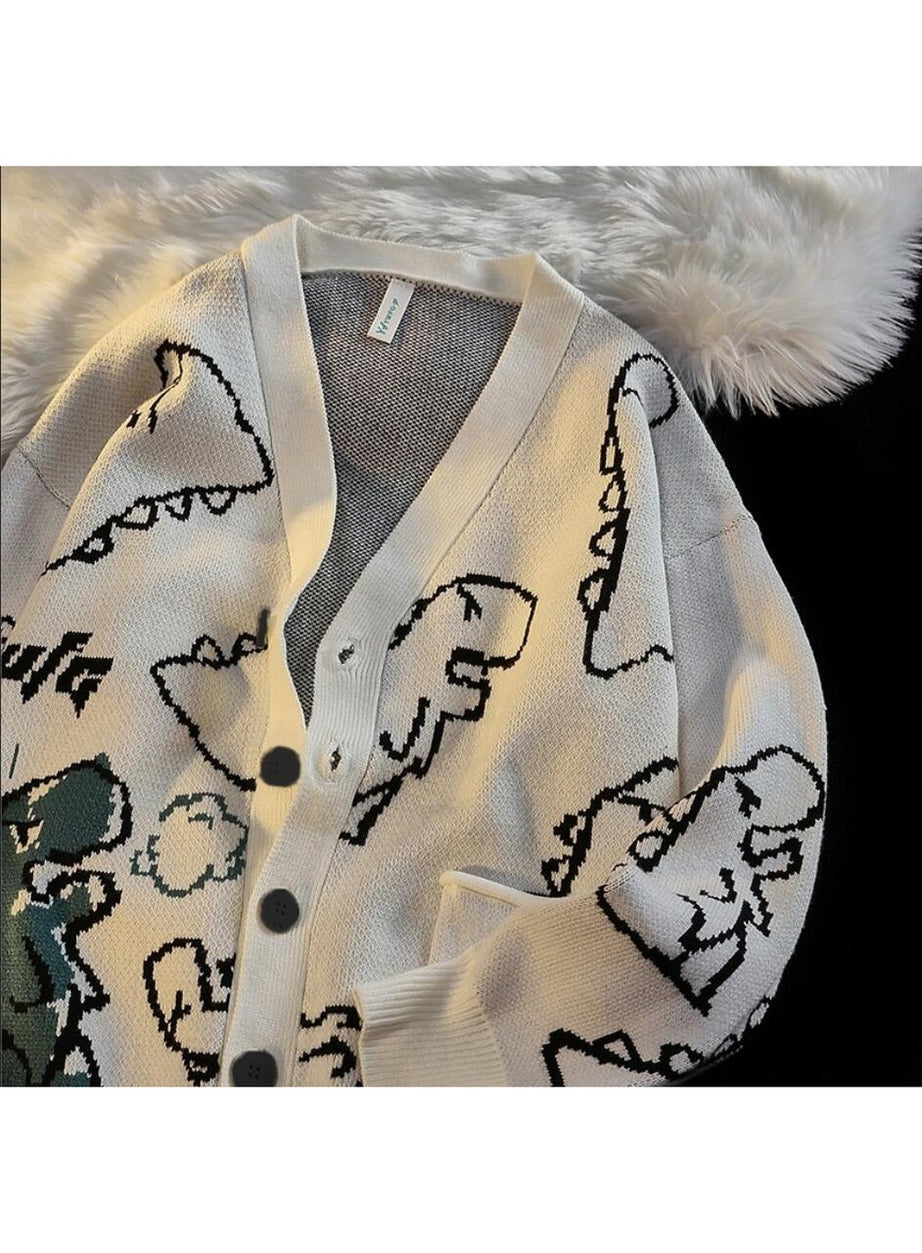 Y2k Dinosaur Cartoon Print Knit Cardigan