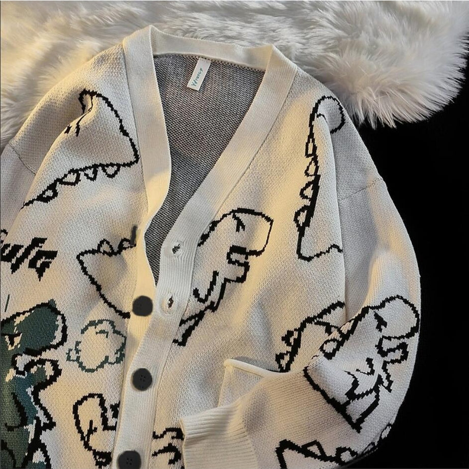 Y2k Dinosaur Cartoon Print Knit Cardigan