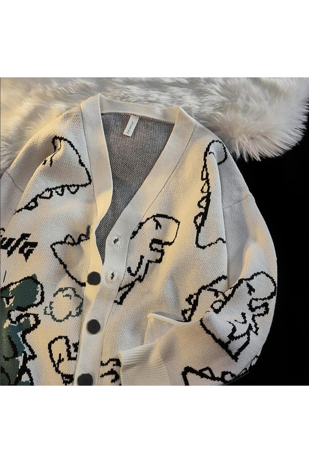 Y2k Dinosaur Cartoon Print Knit Cardigan