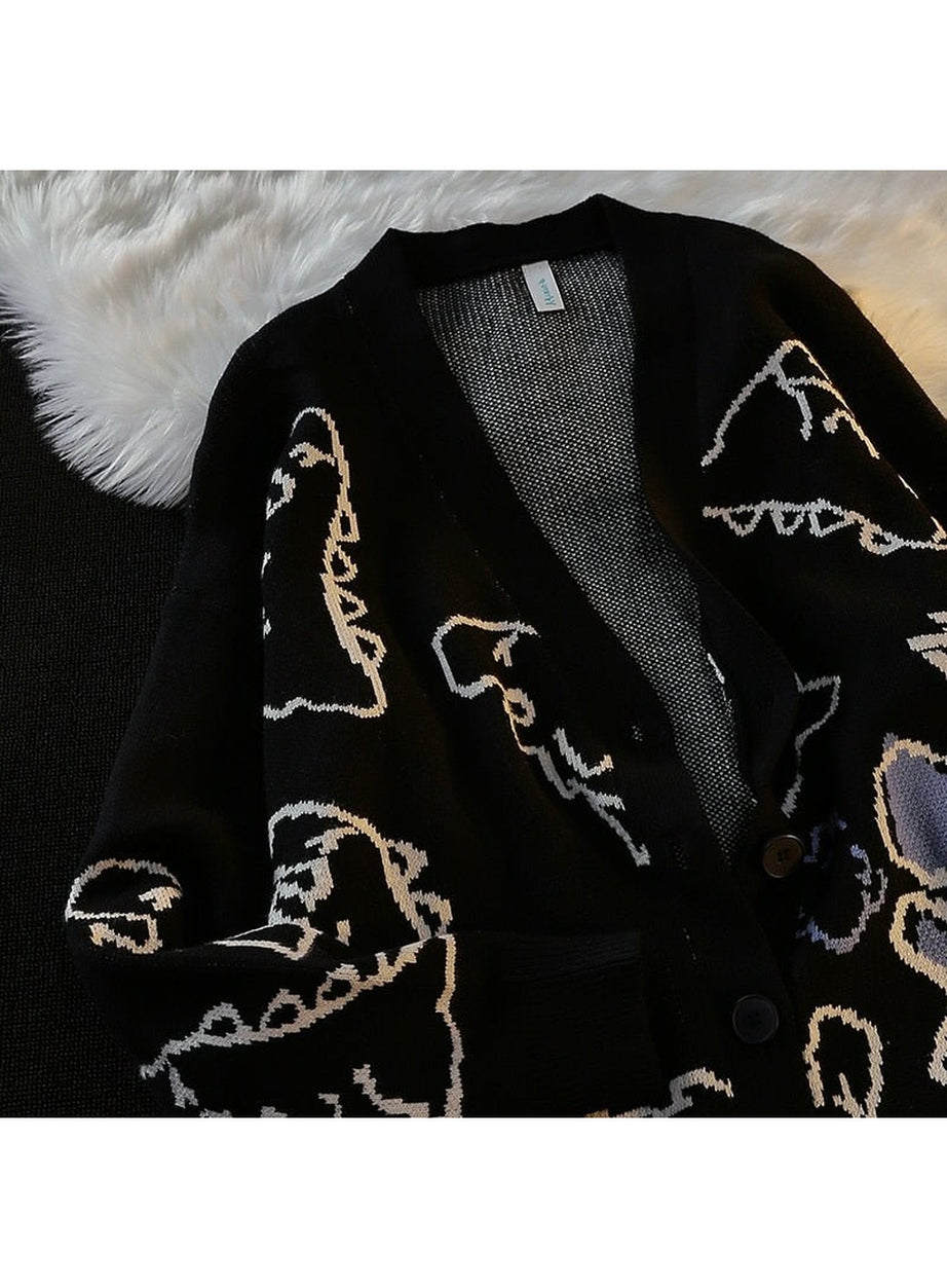 Y2k Dinosaur Cartoon Print Knit Cardigan