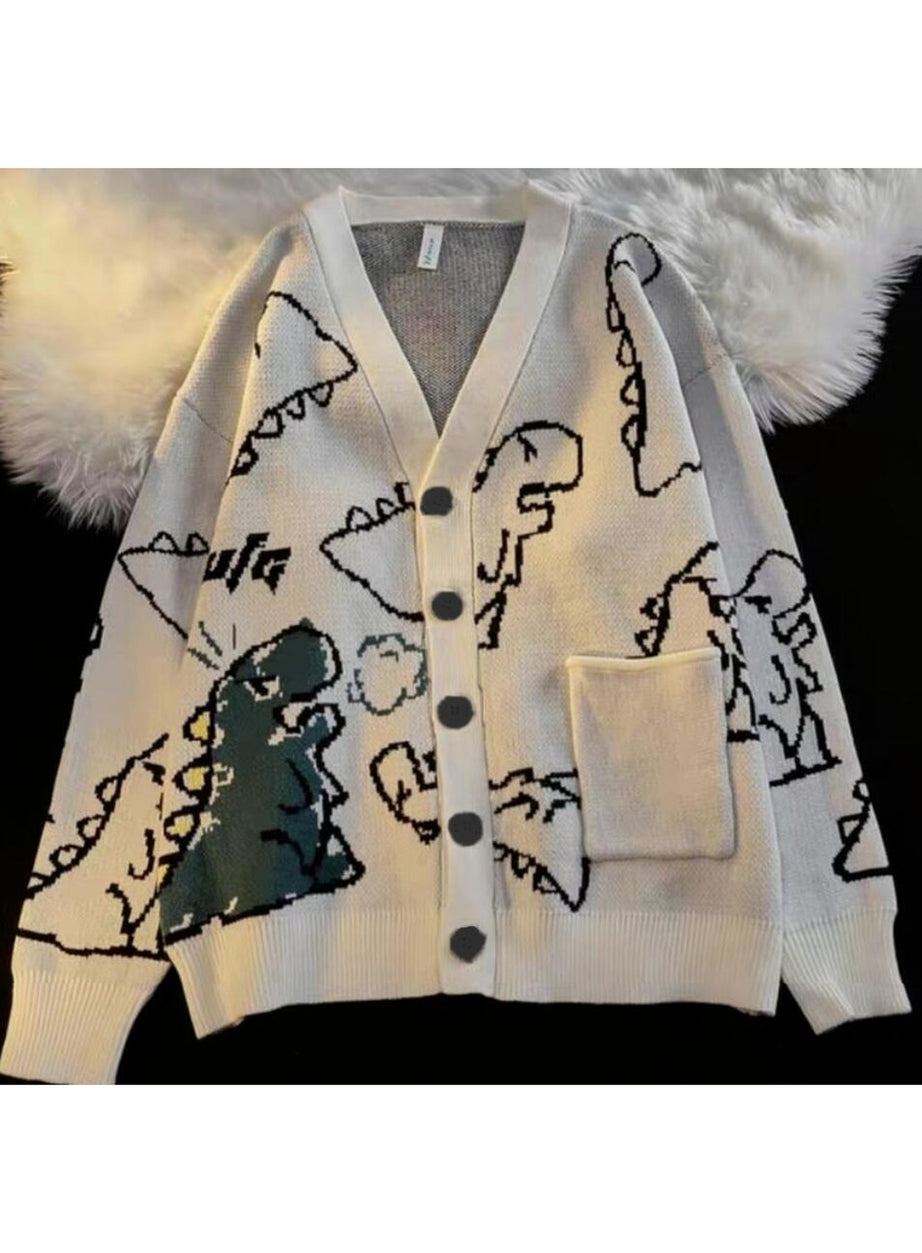 Y2k Dinosaur Cartoon Print Knit Cardigan