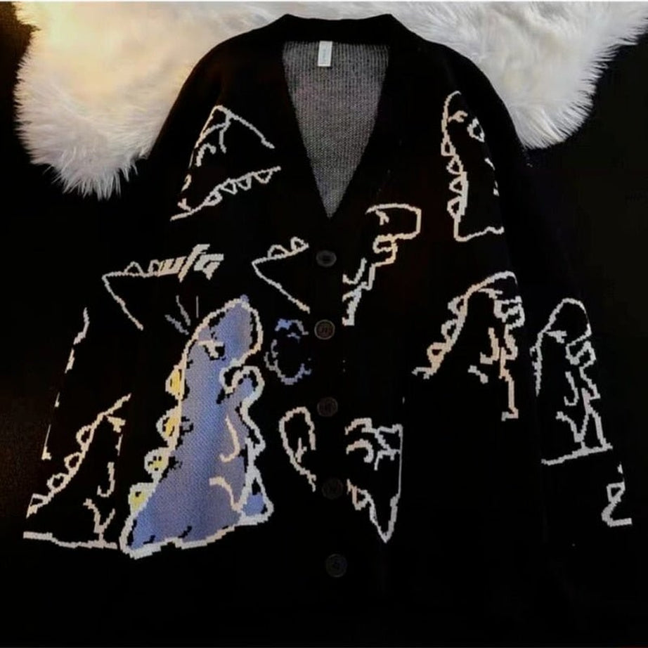 Y2k Dinosaur Cartoon Print Knit Cardigan
