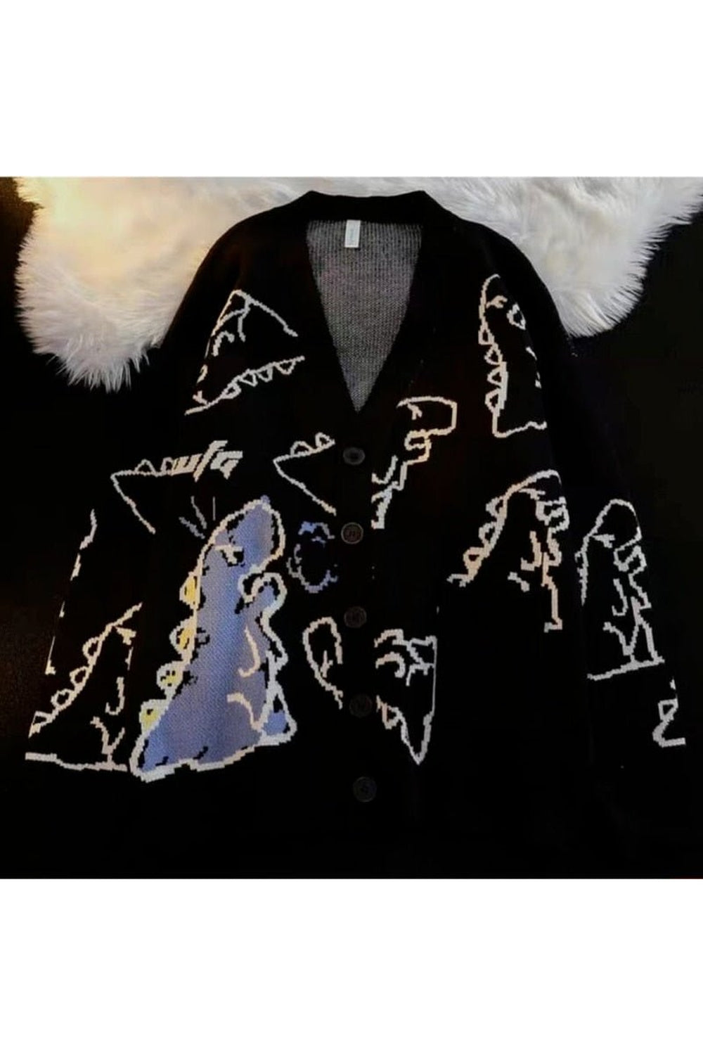 Y2k Dinosaur Cartoon Print Knit Cardigan