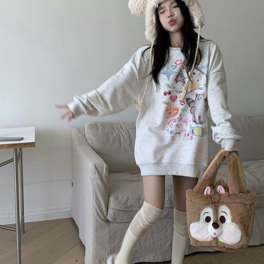 Y2k Dreamcore Cat Print Long Sleeve Hoodie