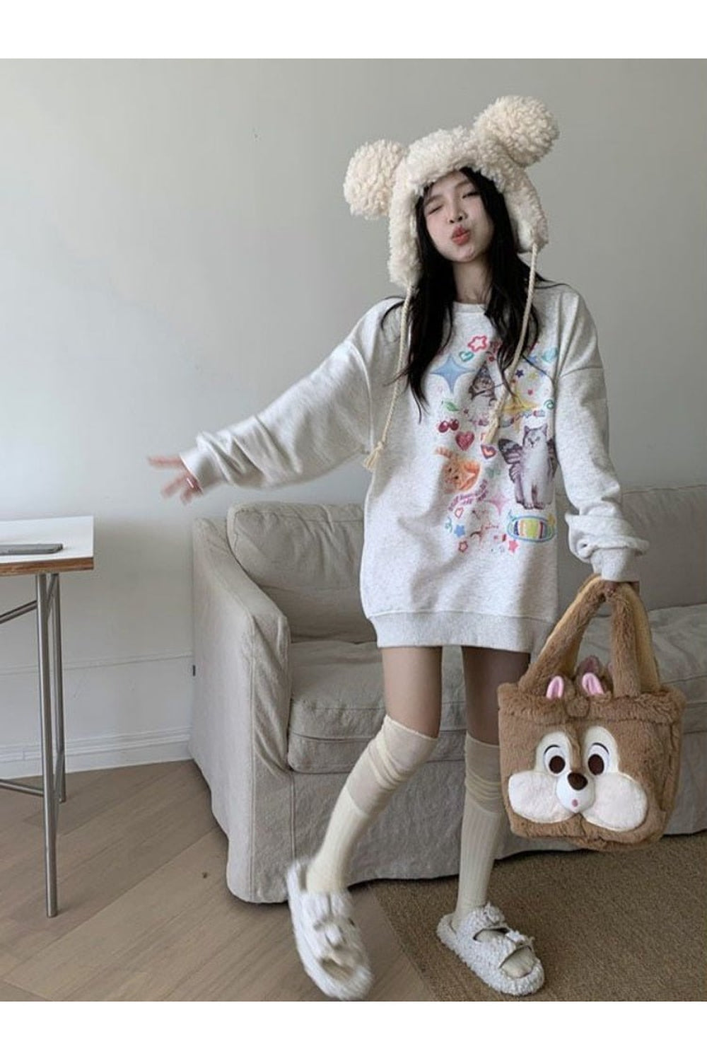 Y2k Dreamcore Cat Print Long Sleeve Hoodie