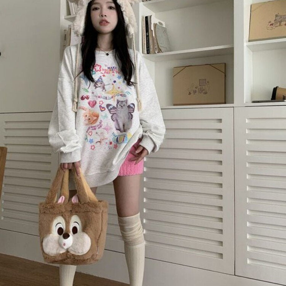 Y2k Dreamcore Cat Print Long Sleeve Hoodie