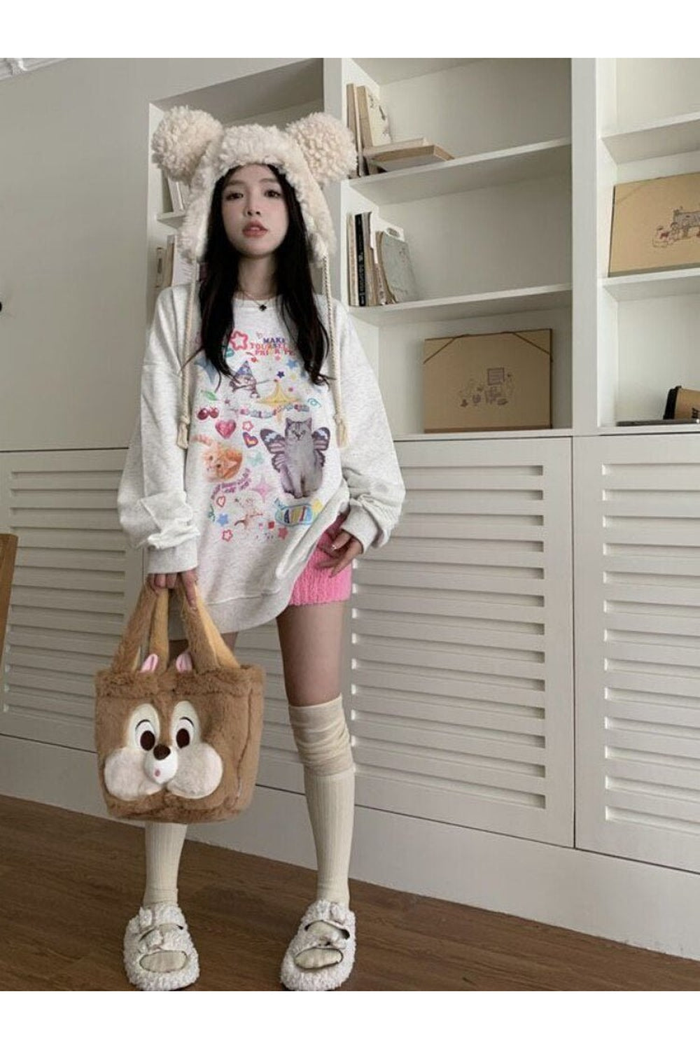 Y2k Dreamcore Cat Print Long Sleeve Hoodie