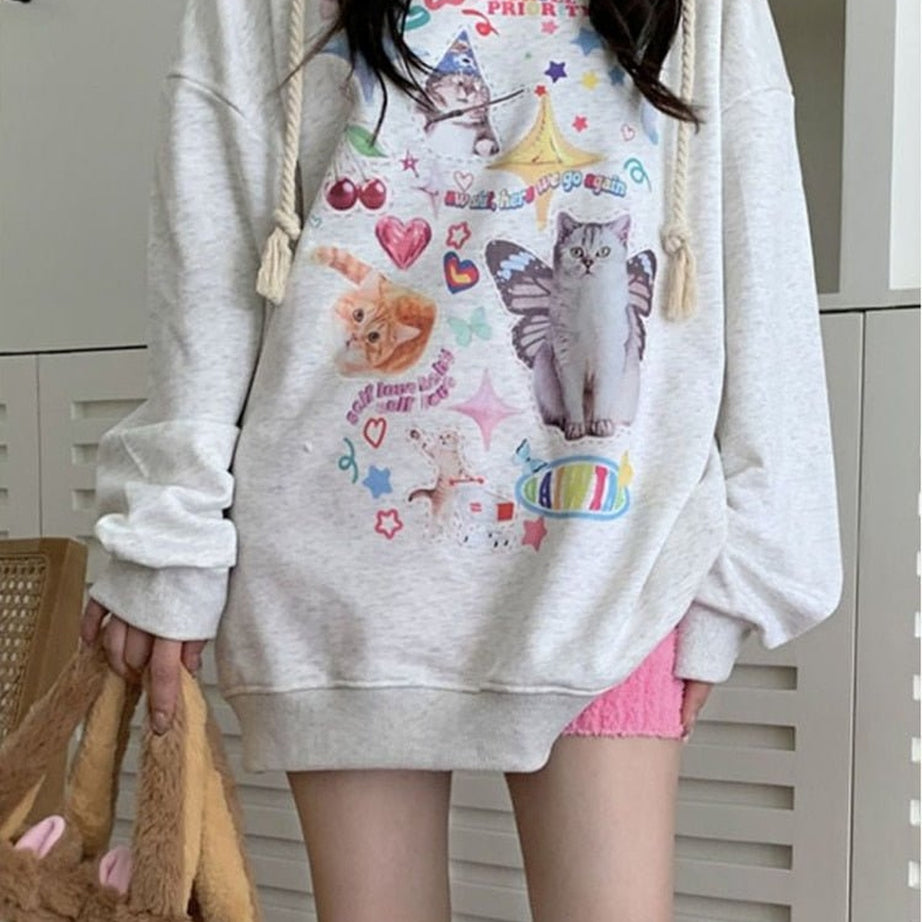 Y2k Dreamcore Cat Print Long Sleeve Hoodie