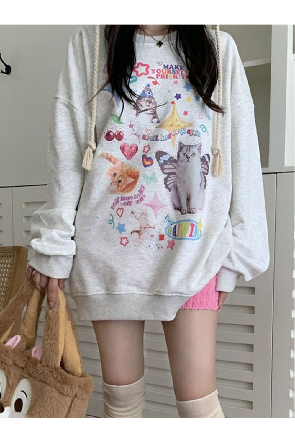 Y2k Dreamcore Cat Print Long Sleeve Hoodie