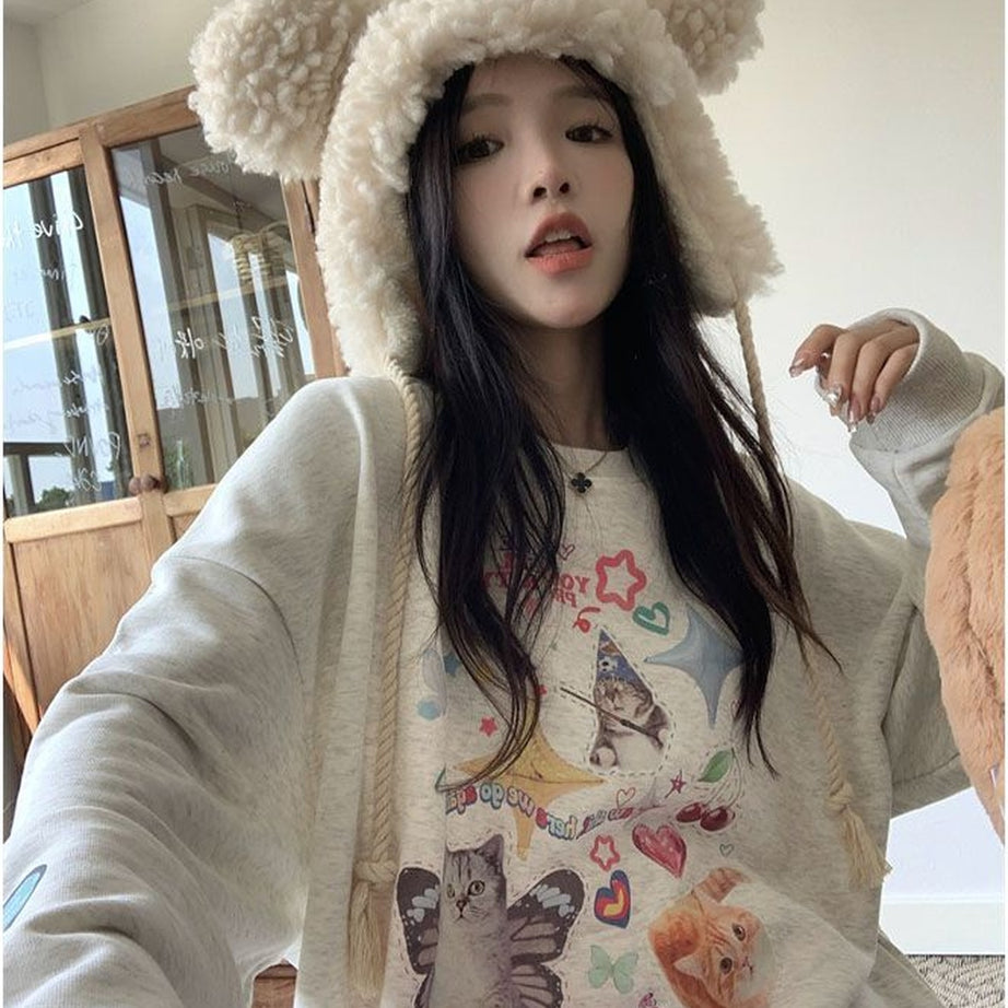 Y2k Dreamcore Cat Print Long Sleeve Hoodie