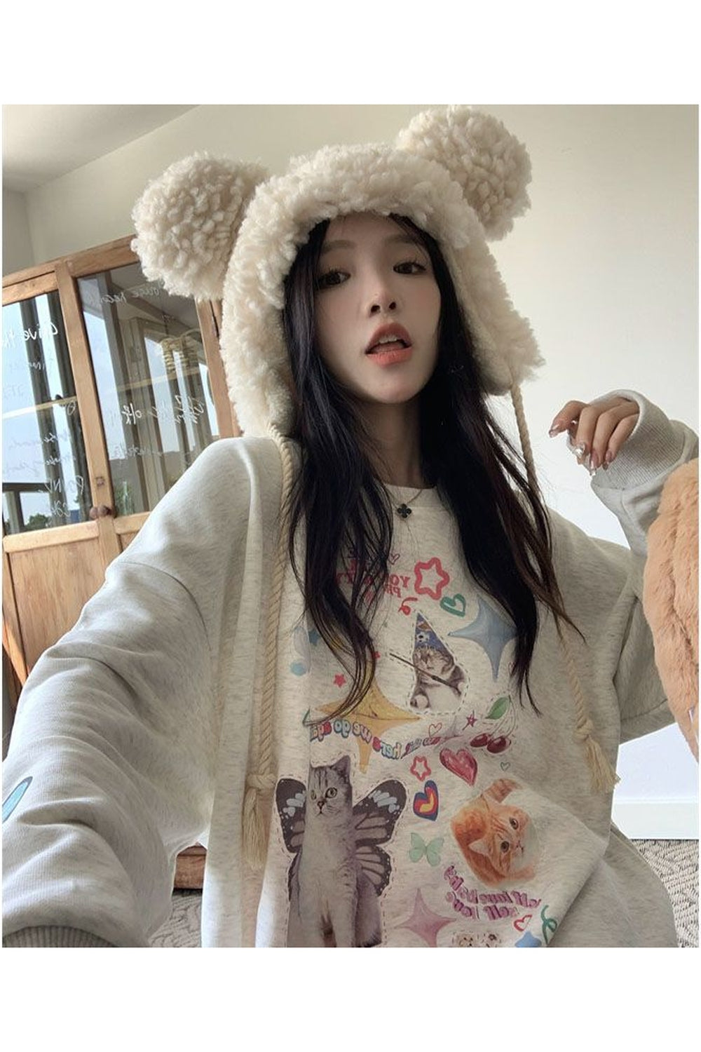 Y2k Dreamcore Cat Print Long Sleeve Hoodie