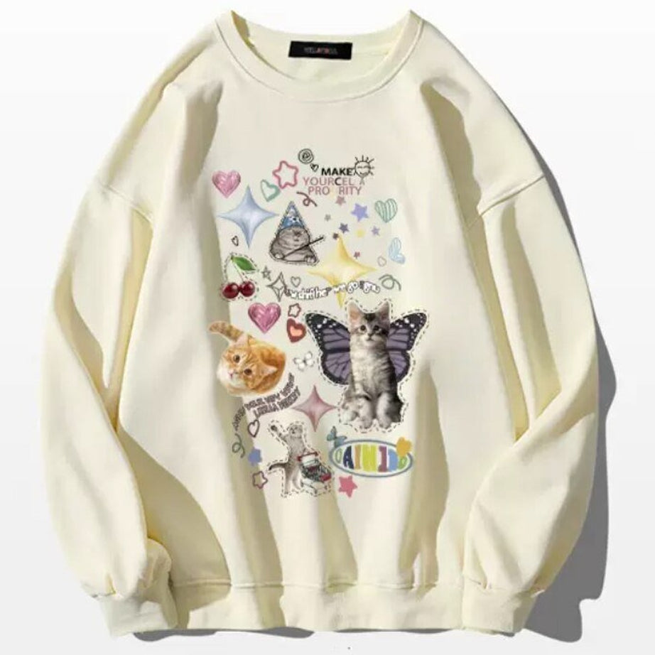 Y2k Dreamcore Cat Print Long Sleeve Hoodie