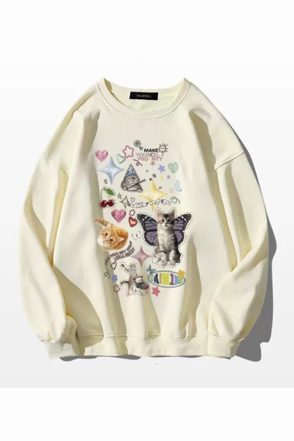 Y2k Dreamcore Cat Print Long Sleeve Hoodie