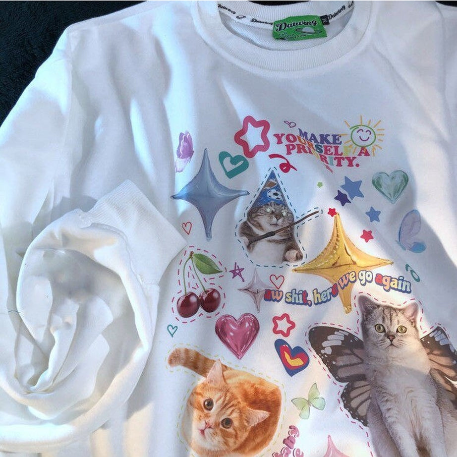 Y2k Dreamcore Cat Print Long Sleeve Hoodie