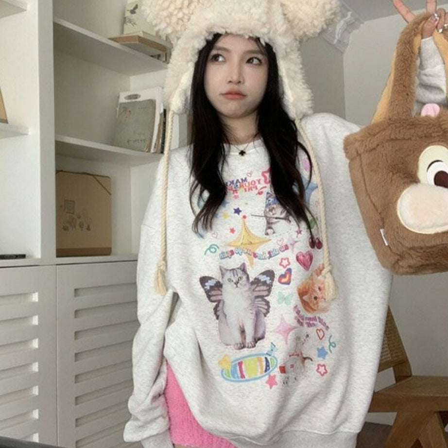 Y2k Dreamcore Cat Print Long Sleeve Hoodie