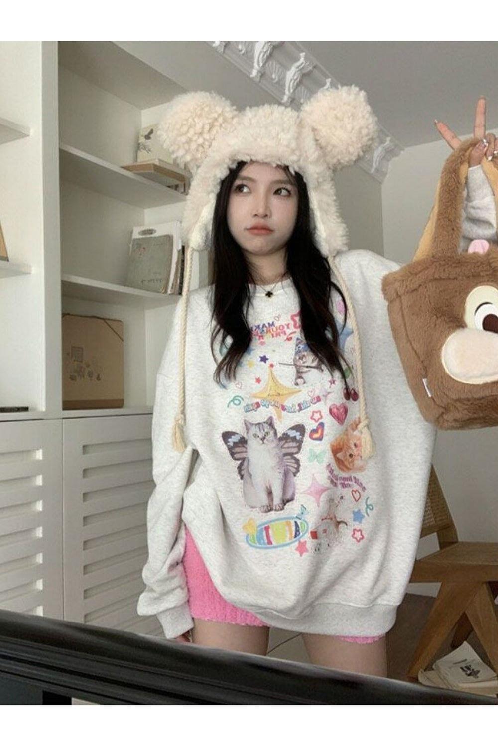 Y2k Dreamcore Cat Print Long Sleeve Hoodie
