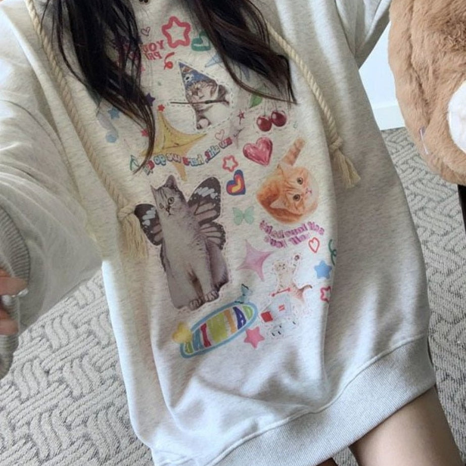 Y2k Dreamcore Cat Print Long Sleeve Hoodie