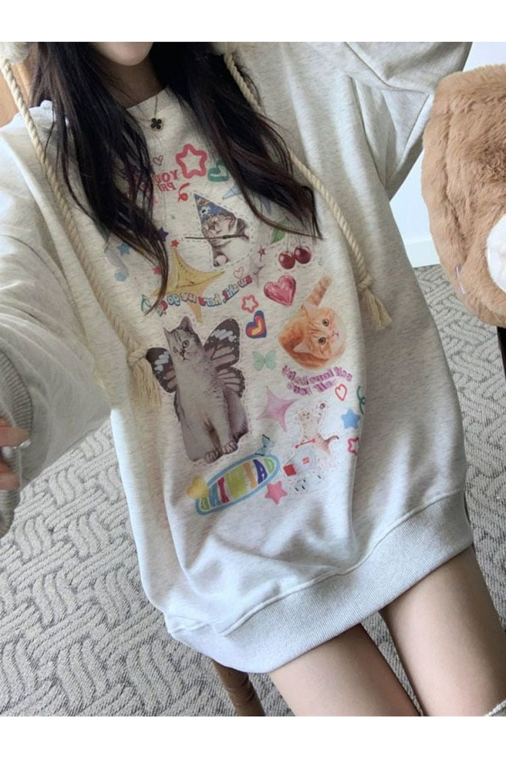 Y2k Dreamcore Cat Print Long Sleeve Hoodie