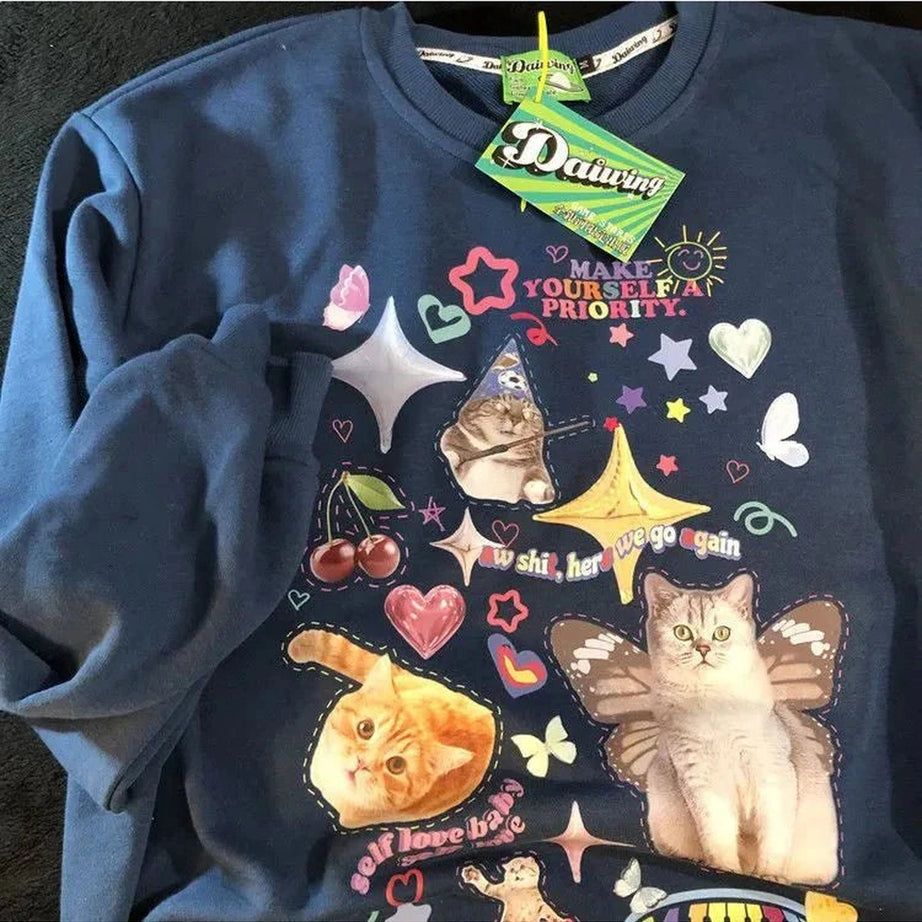 Y2k Dreamcore Cat Print Long Sleeve Hoodie