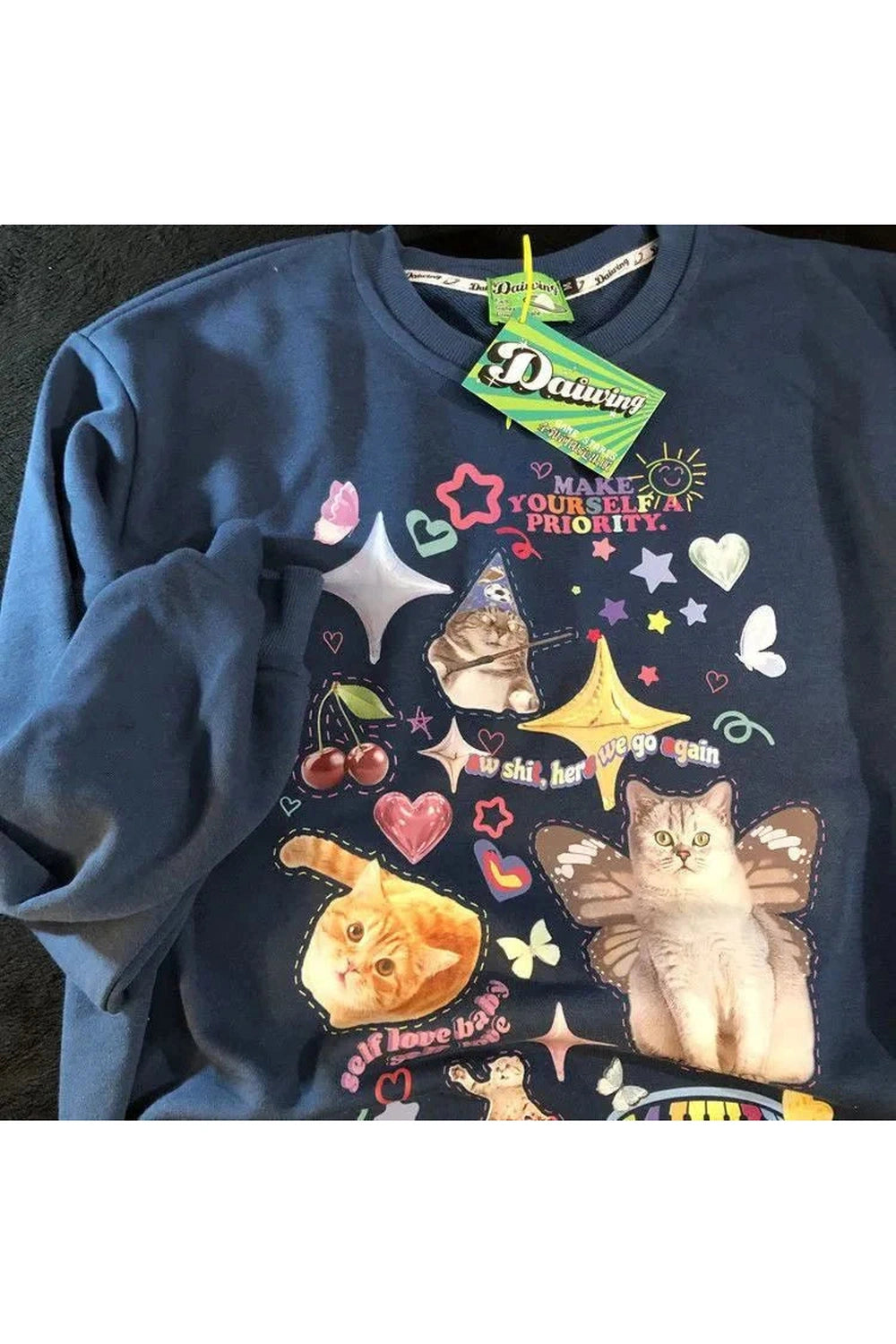Y2k Dreamcore Cat Print Long Sleeve Hoodie
