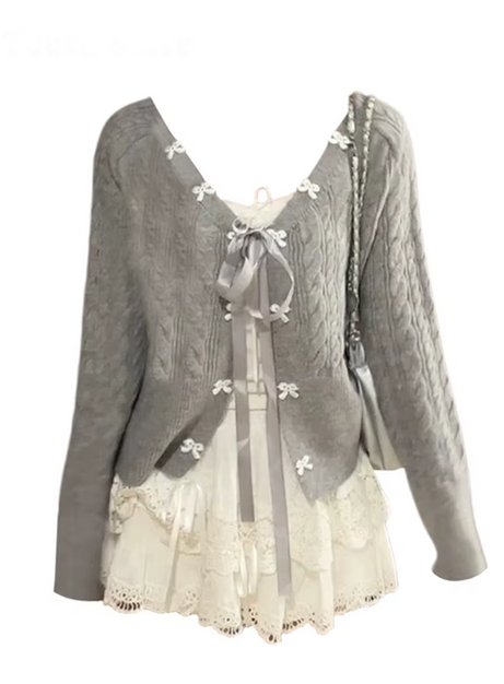 Soft Lace Bow-Knit Outfit Set