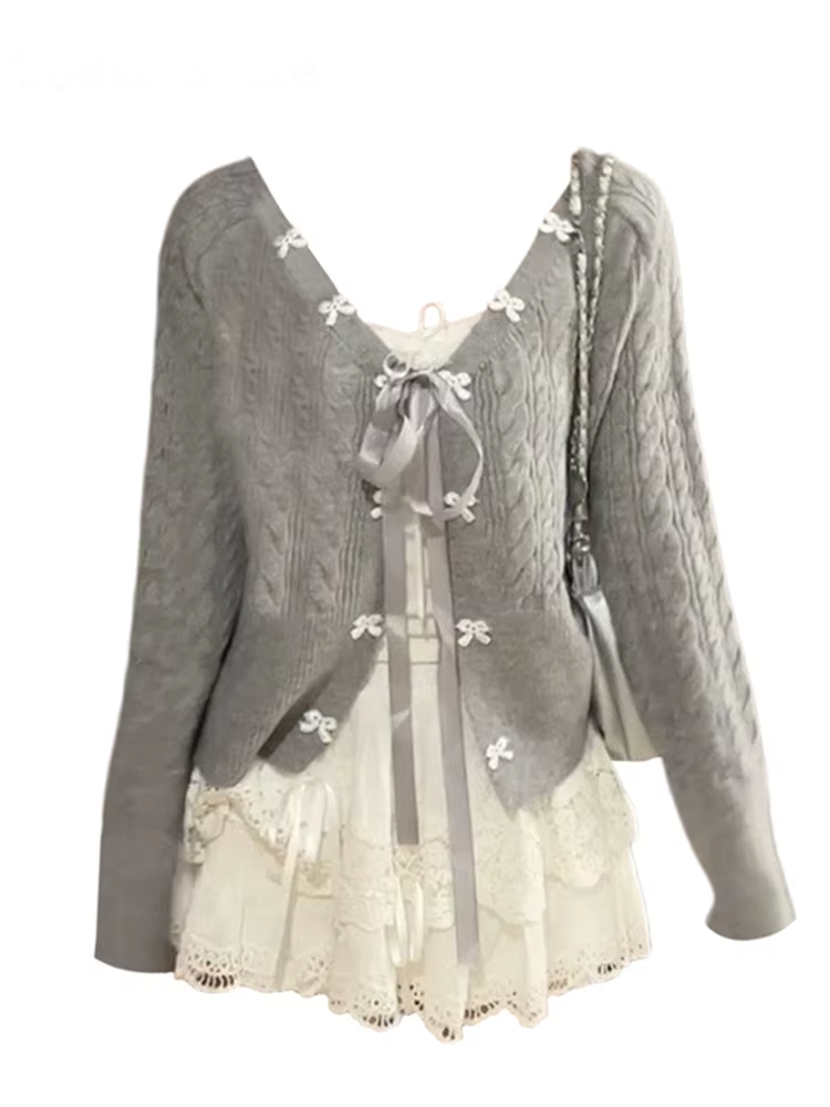 Soft Lace Bow-Knit Outfit Set