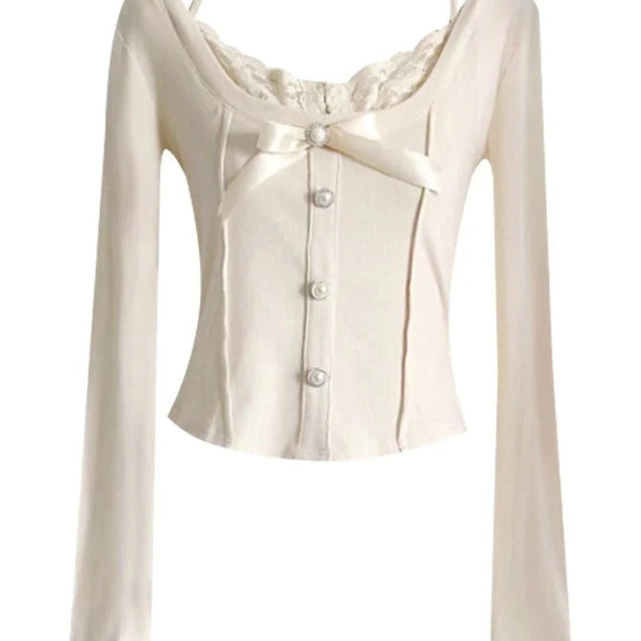 Y2k Elegant Bow Button-Up Blouse