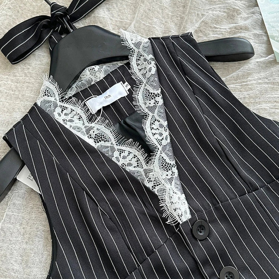 Y2k Elegant Pinstripe Lace-Up Skirt Set