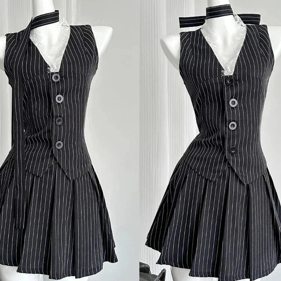 Y2k Elegant Pinstripe Lace-Up Skirt Set