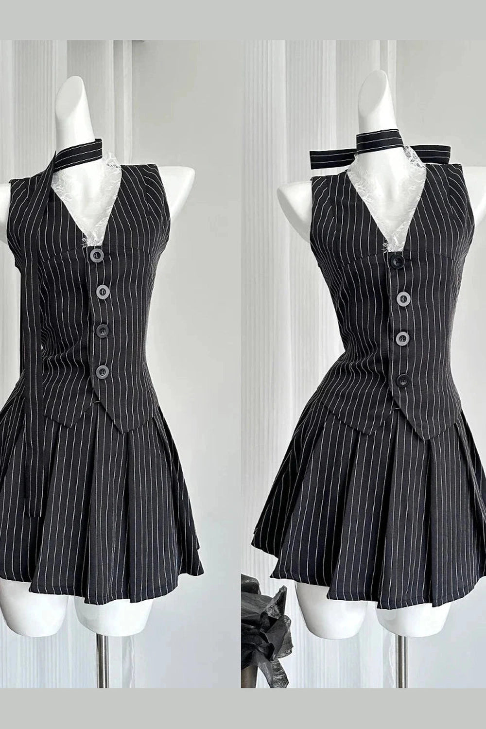 Y2k Elegant Pinstripe Lace-Up Skirt Set