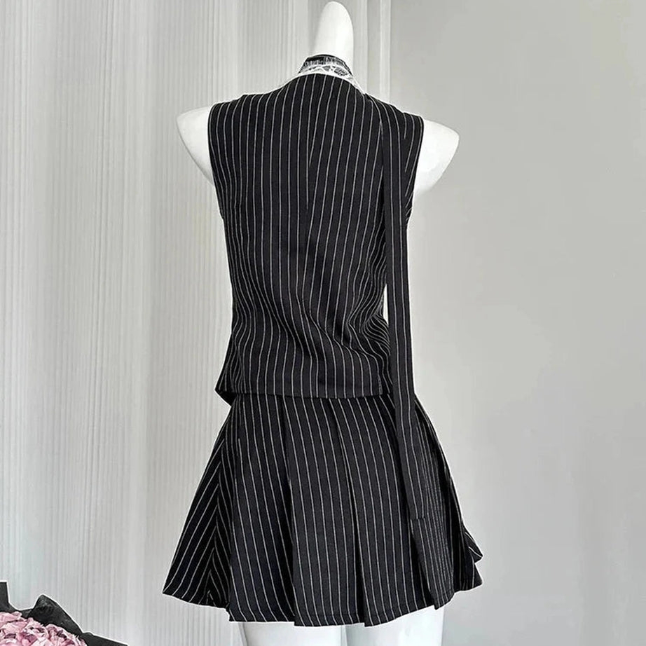 Y2k Elegant Pinstripe Lace-Up Skirt Set