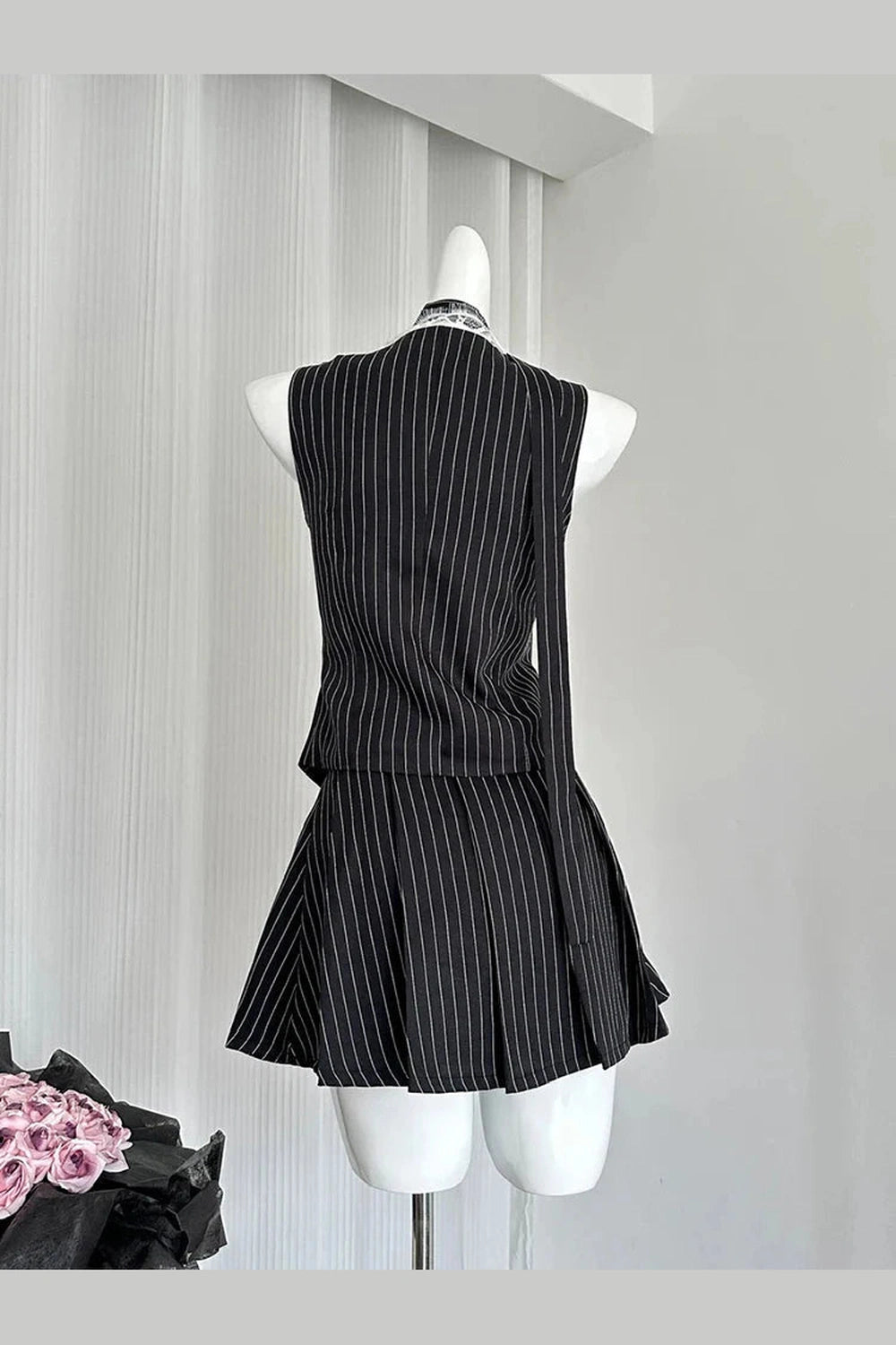 Y2k Elegant Pinstripe Lace-Up Skirt Set