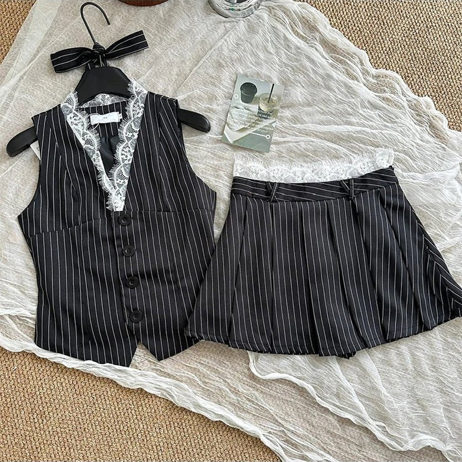 Y2k Elegant Pinstripe Lace-Up Skirt Set