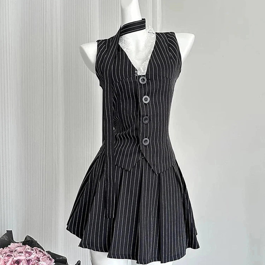 Y2k Elegant Pinstripe Lace-Up Skirt Set