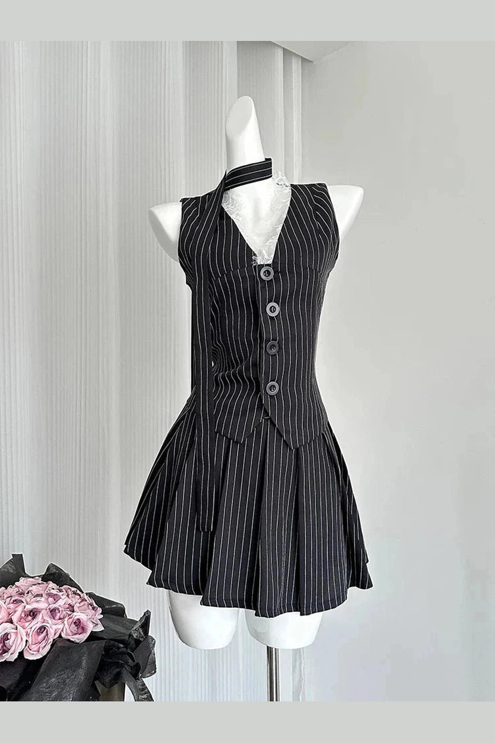 Y2k Elegant Pinstripe Lace-Up Skirt Set