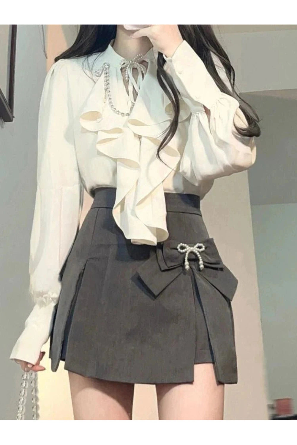 Y2k Elegant Ruffle Blouse and Bow Skirt Set