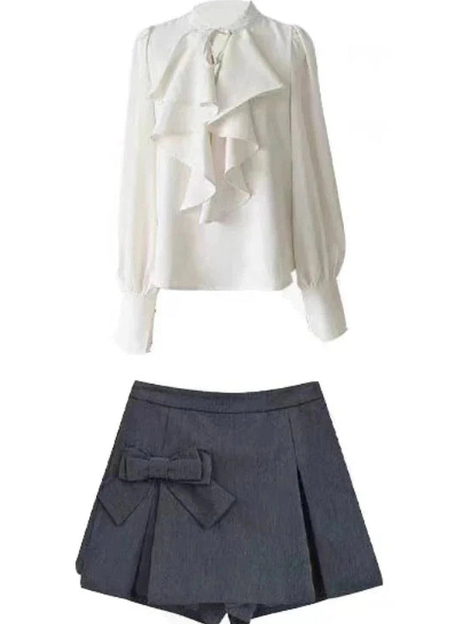 Y2k Elegant Ruffle Blouse and Bow Skirt Set