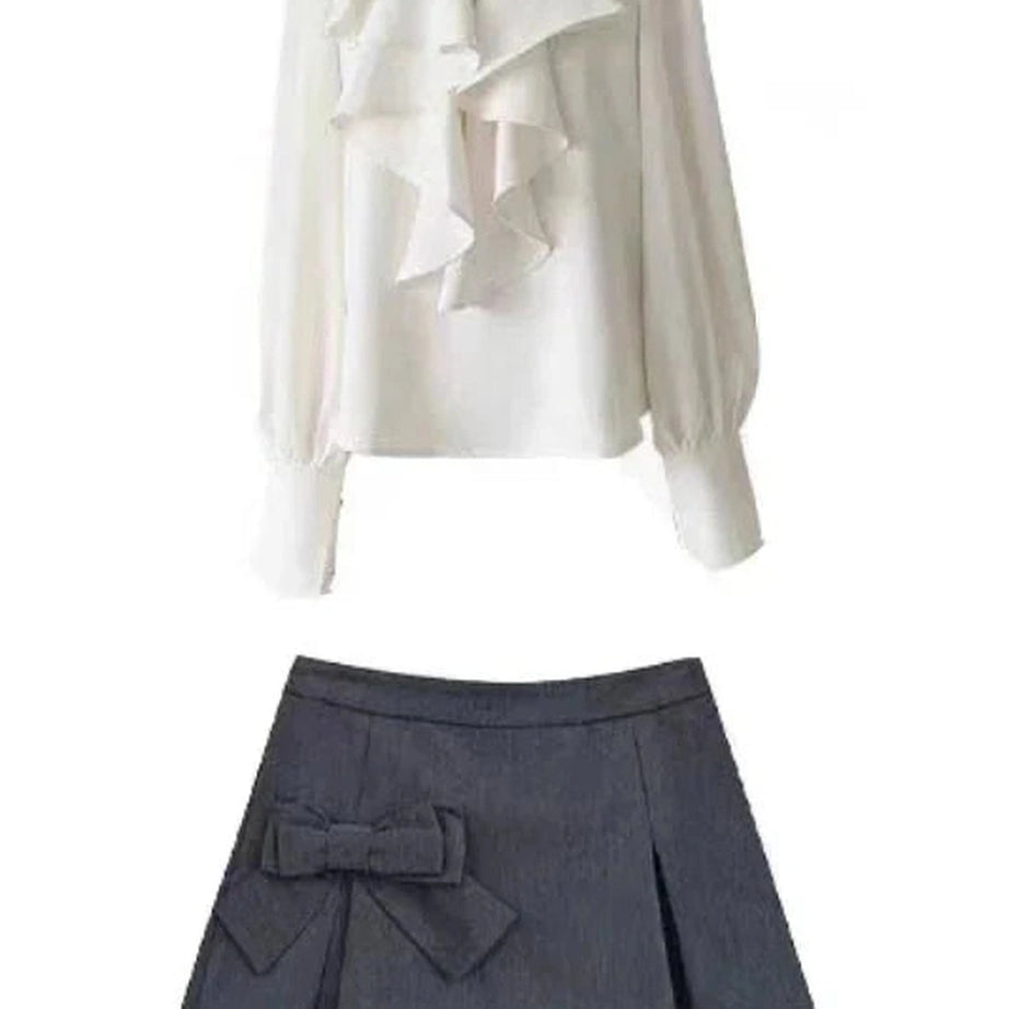 Y2k Elegant Ruffle Blouse and Bow Skirt Set