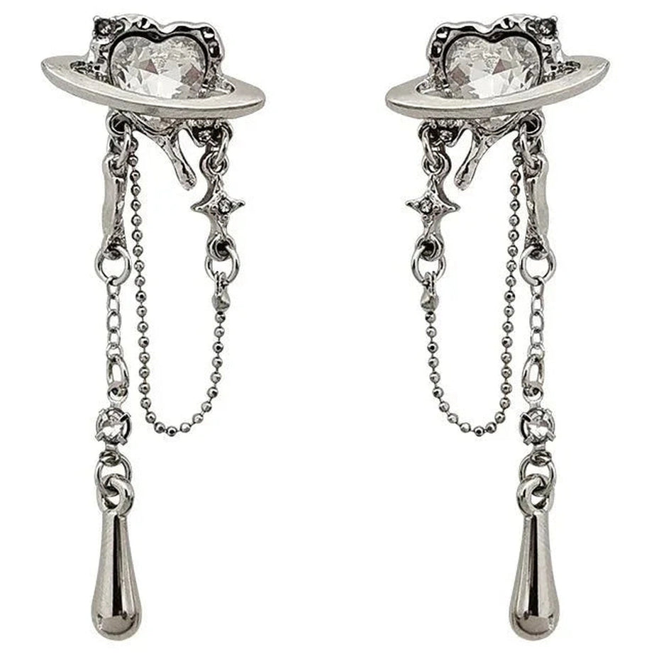 Y2k Elegant Saturn Chain Earrings with Crystal Detailing