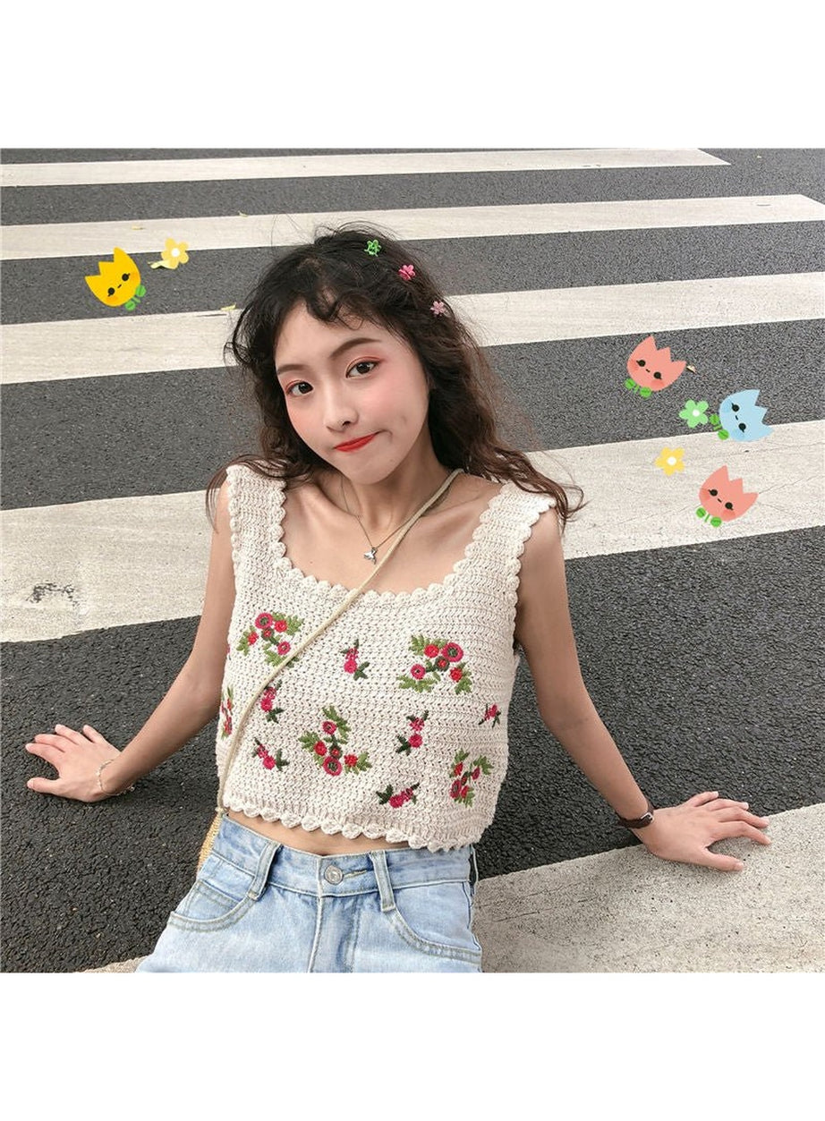 Y2k Embroidered Sleeveless Crop Top