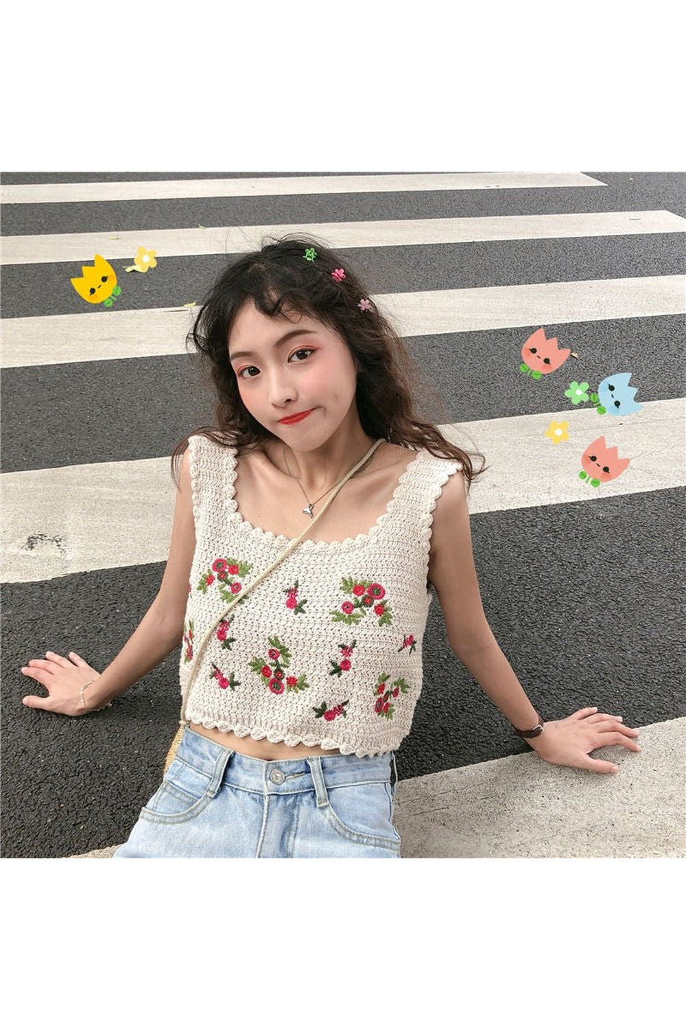 Y2k Embroidered Sleeveless Crop Top