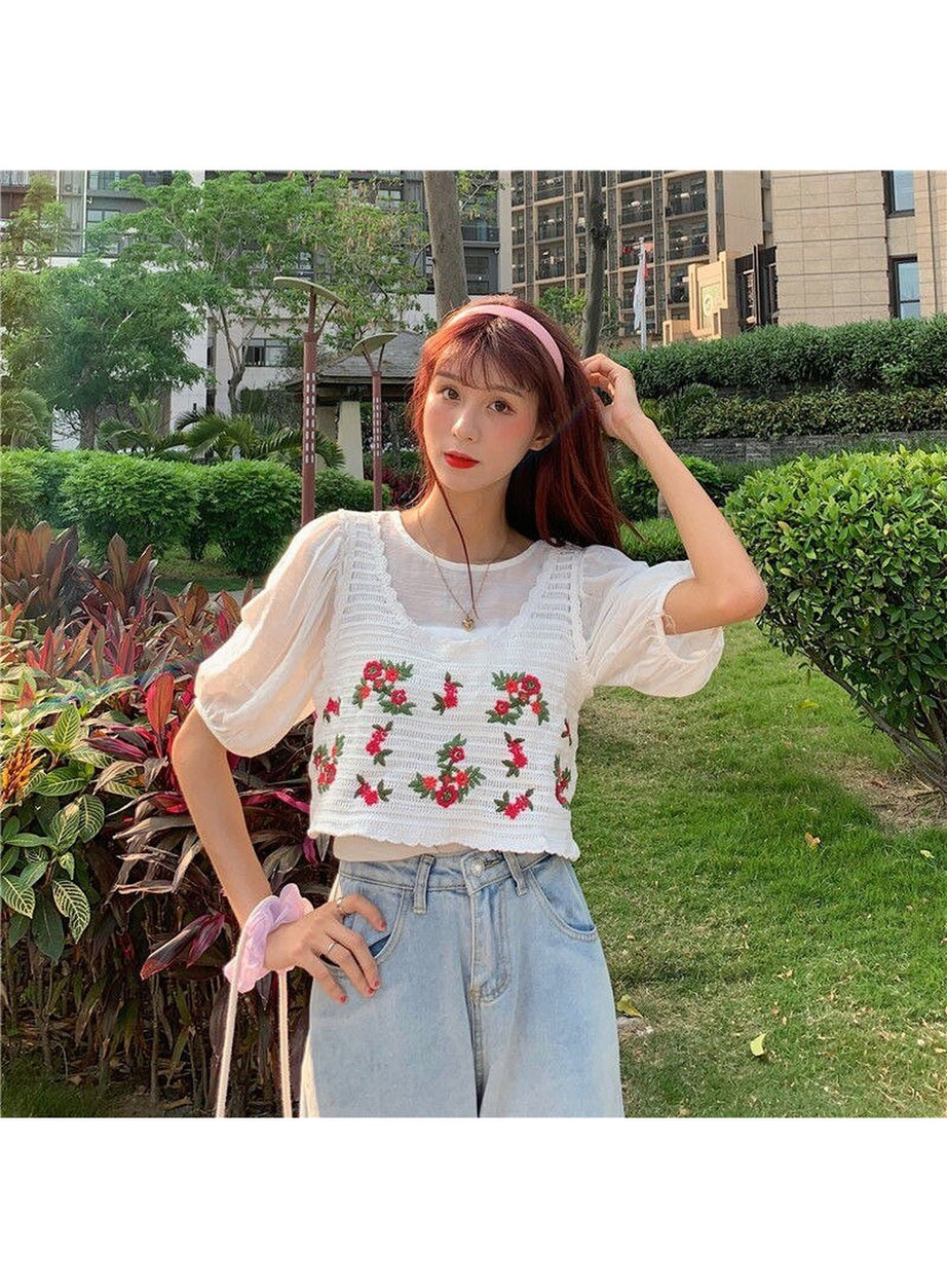 Y2k Embroidered Sleeveless Crop Top