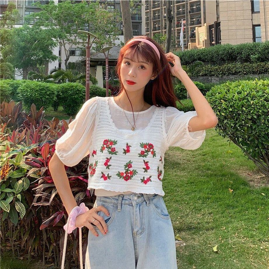 Y2k Embroidered Sleeveless Crop Top