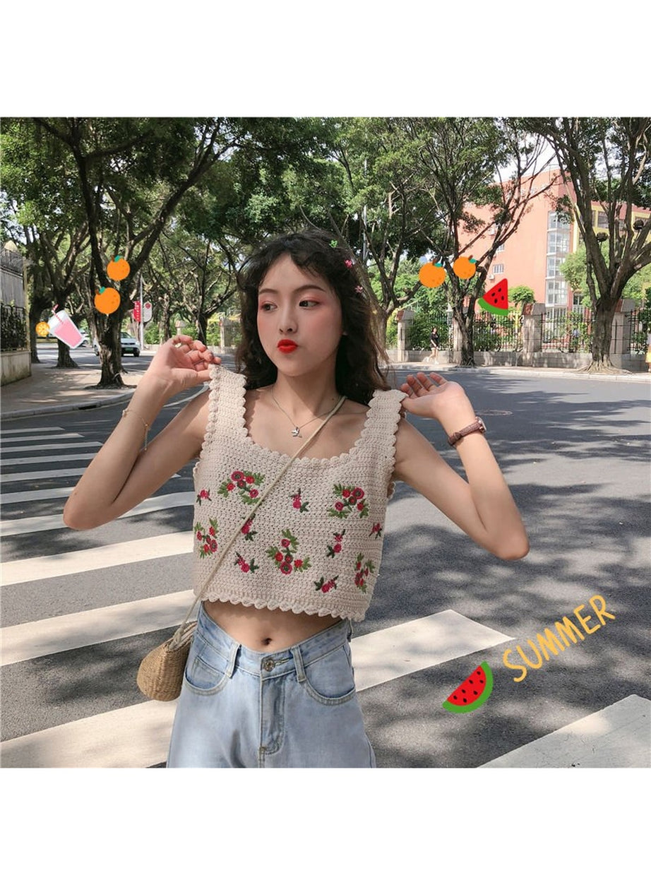 Y2k Embroidered Sleeveless Crop Top