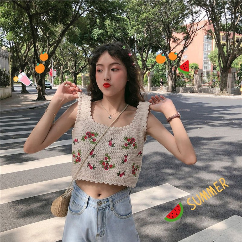 Y2k Embroidered Sleeveless Crop Top