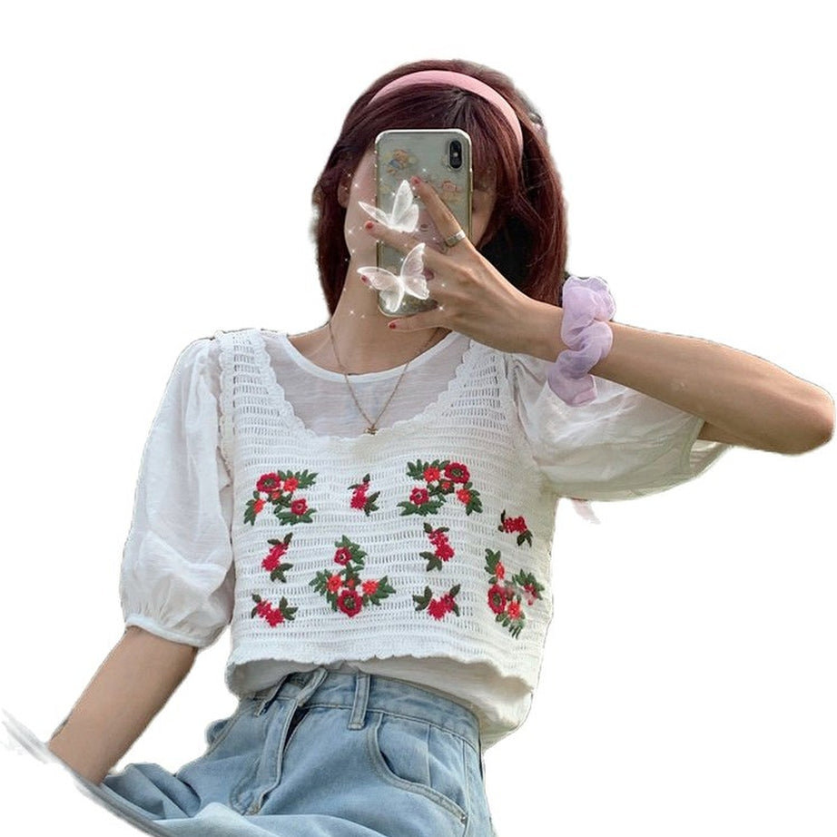 Y2k Embroidered Sleeveless Crop Top