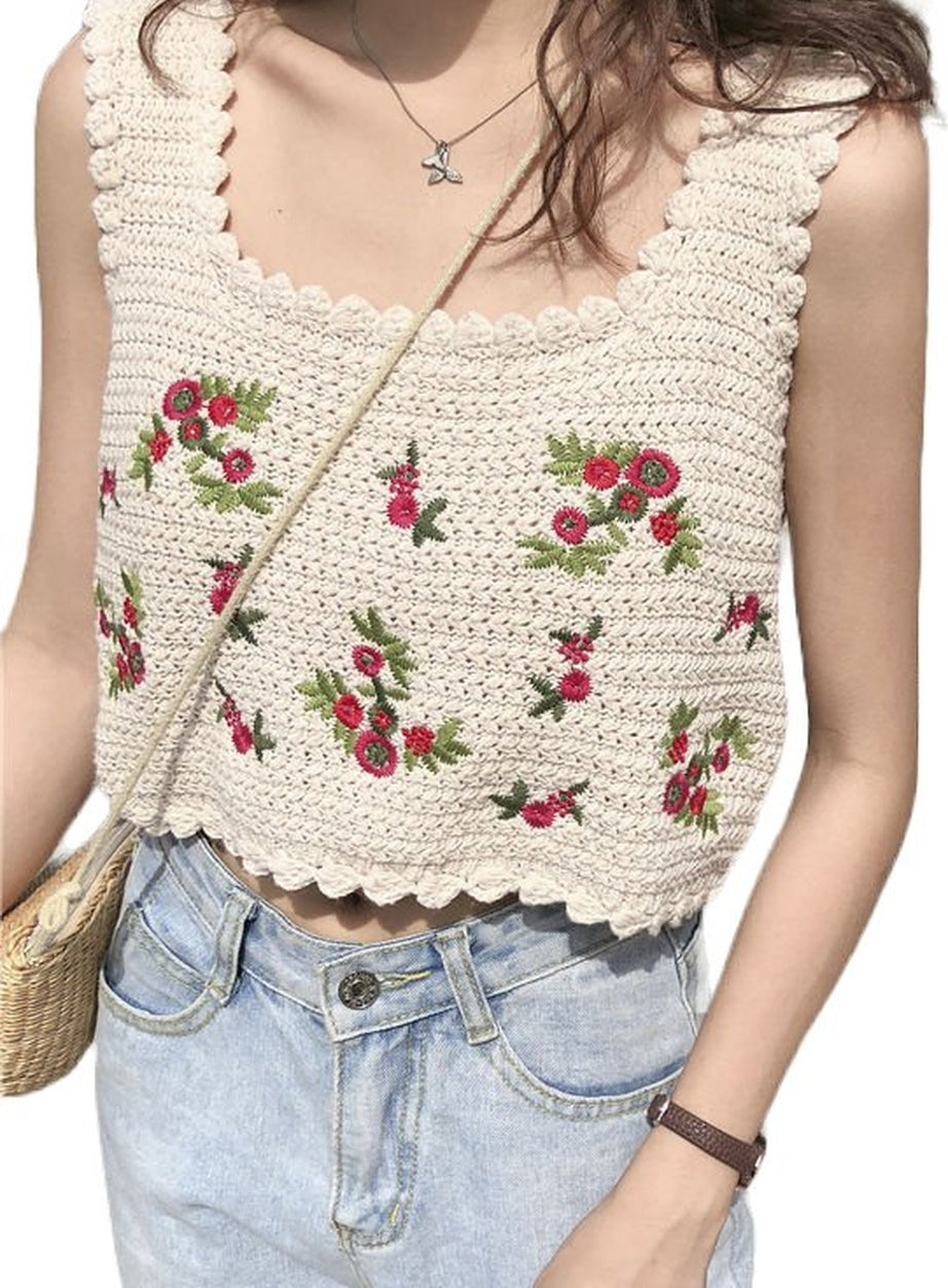 Y2k Embroidered Sleeveless Crop Top