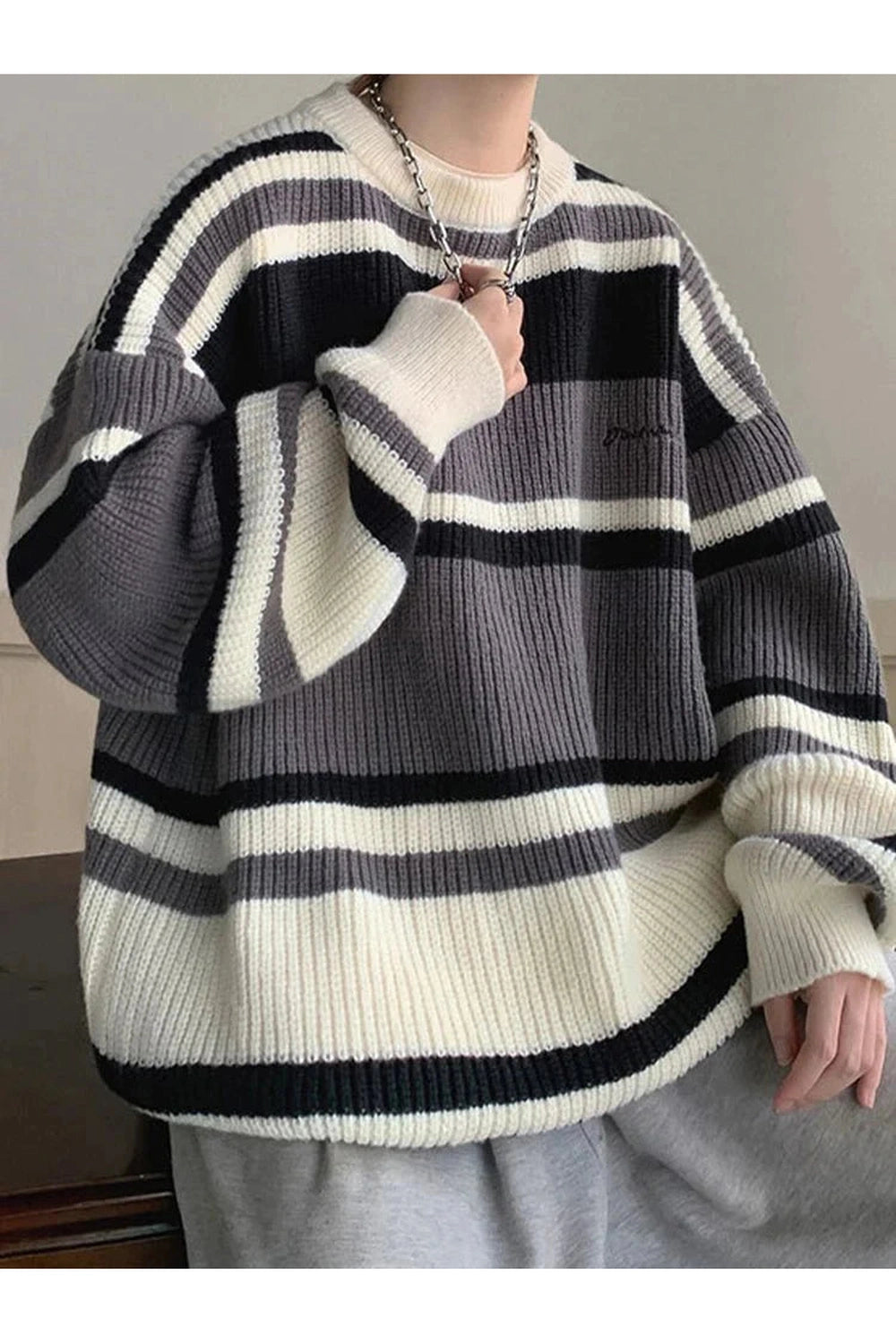 Y2k Embroidered Striped Winter Sweater