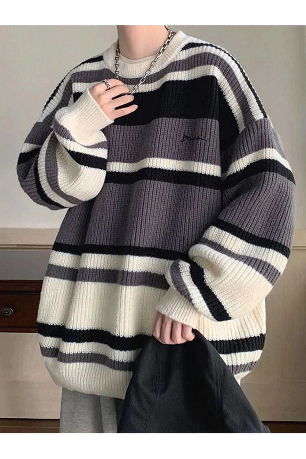 Y2k Embroidered Striped Winter Sweater