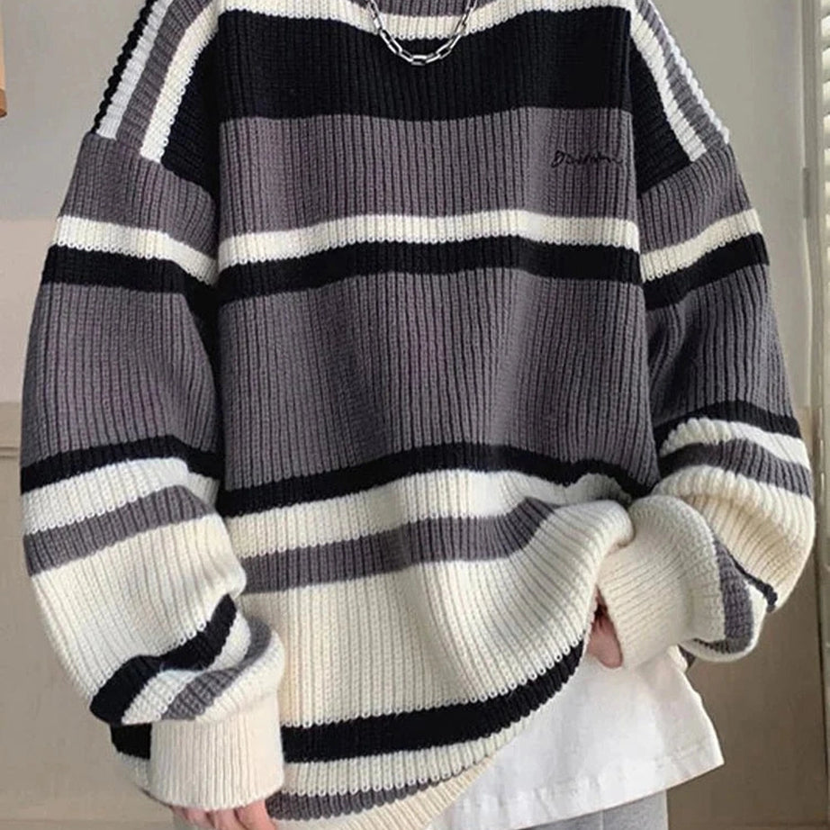 Y2k Embroidered Striped Winter Sweater